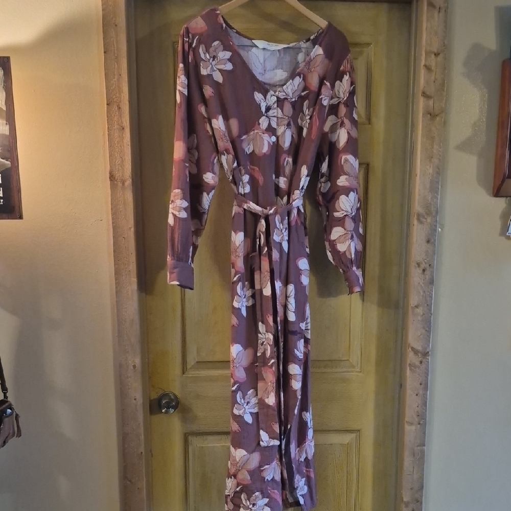 Peace Love World Mauve Floral Long Sleeve Dress Button Up Front 1X Tie Waist Max